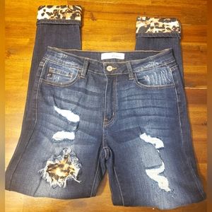 KanCan Leopard Patch/Cuff Skinny Jeans
